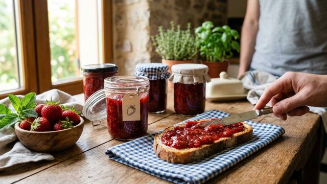 7 minutes d’ébullition, et c’est réglé: une confiture de fraises qui tient au couteau