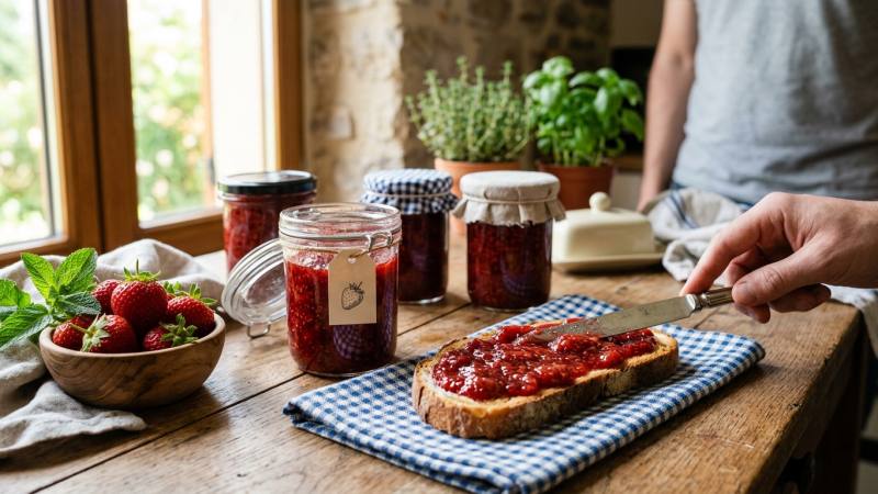 7 minutes d’ébullition, et c’est réglé: une confiture de fraises qui tient au couteau