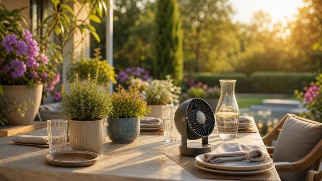 Terrasse d’été préparée contre les moustiques avec plantes en pots et ventilateur discret