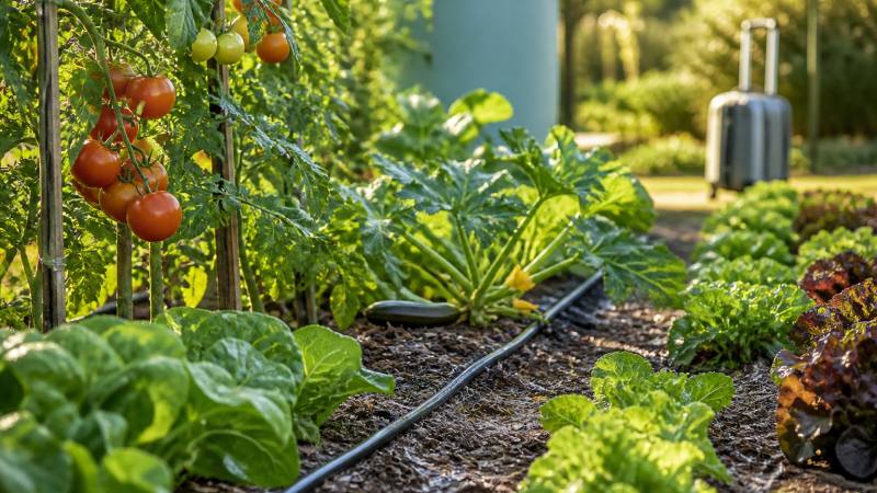 Potager d’été équipé d’un tuyau de goutte-à-goutte et d’une réserve d’eau avant un départ en vacances