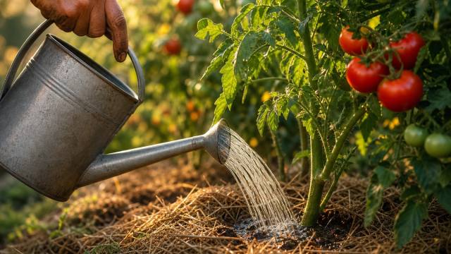 Arrosage d’un pied de tomates paillé au potager pendant une chaude journée d’été