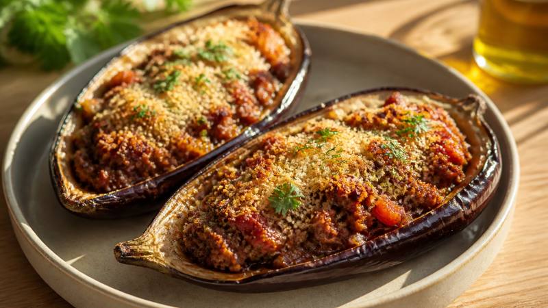 Deux aubergines farcies au bœuf et à la tomate, gratinées au four