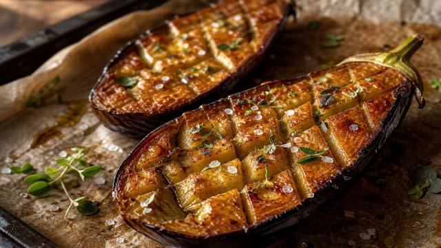 Aubergines quadrillées et rôties au four avec herbes fraîches