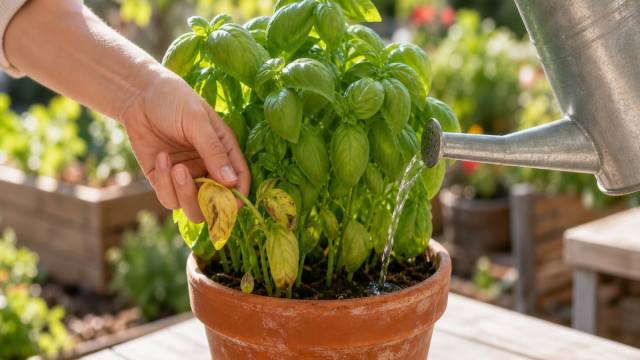 Pot de basilic arrosé en été avec quelques feuilles jaunies à retirer
