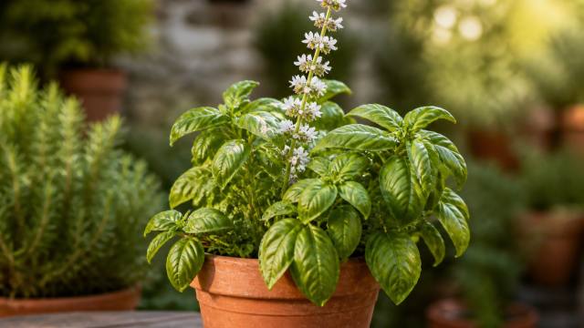 Plant de basilic en pot avec un épi fleuri et des ciseaux de jardin