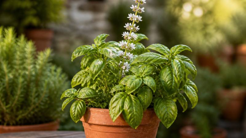 Plant de basilic en pot avec un épi fleuri et des ciseaux de jardin