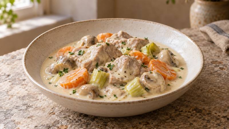 Blanquette de veau avec carottes, champignons et sauce blanche onctueuse