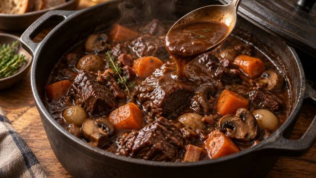 Bœuf bourguignon en cocotte avec une sauce épaisse versée à la cuillère