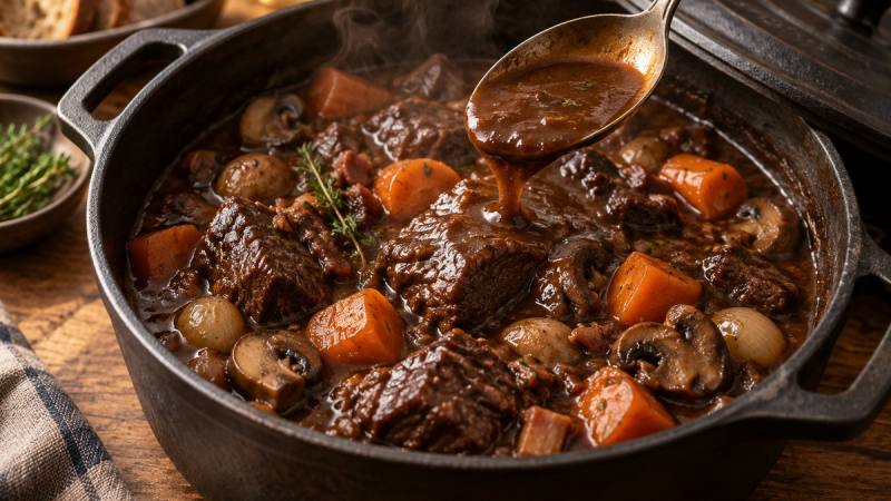 Bœuf bourguignon en cocotte avec une sauce épaisse versée à la cuillère