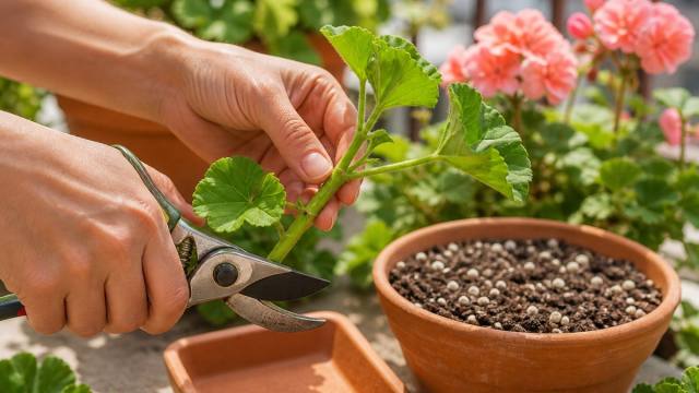 Mains prélevant une tige de géranium avec un sécateur au-dessus d’un pot de terreau