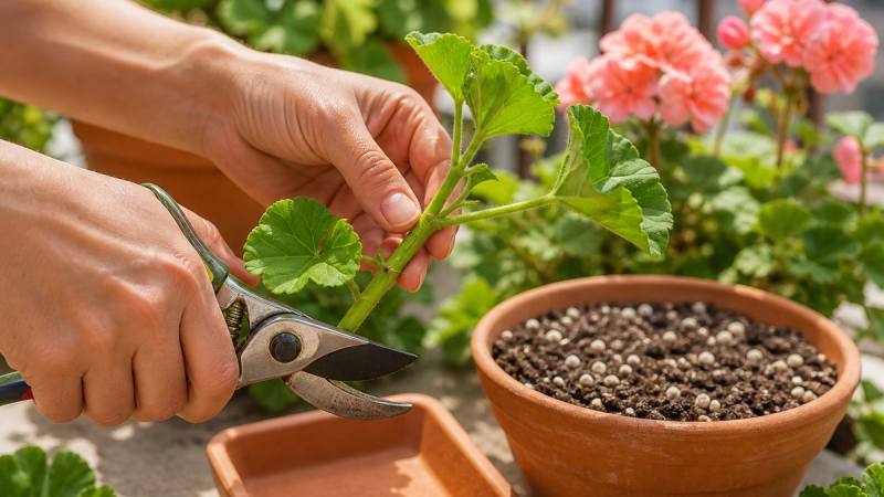 Mains prélevant une tige de géranium avec un sécateur au-dessus d’un pot de terreau