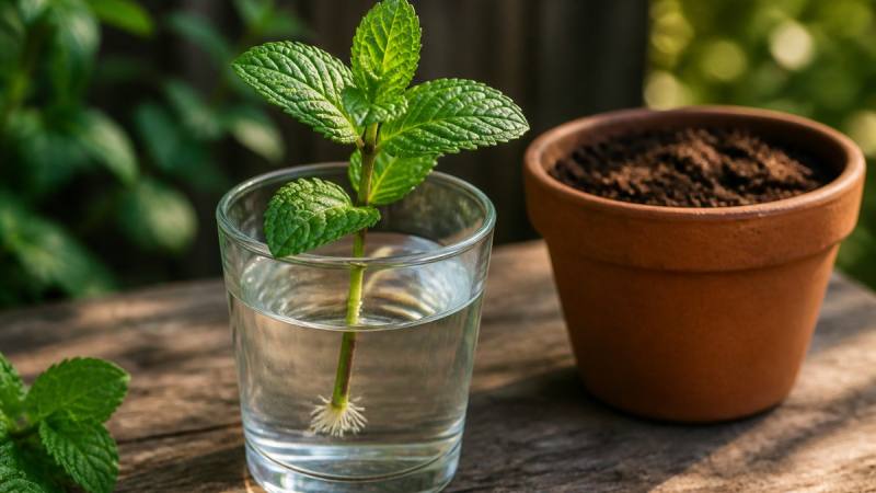 Tige de menthe enracinée dans un verre d’eau près d’un pot en terre cuite