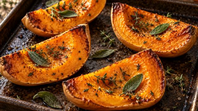Quartiers de butternut rôtis et dorés sur une plaque avec sauge et thym