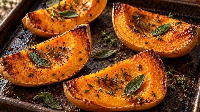 Quartiers de butternut rôtis et dorés sur une plaque avec sauge et thym
