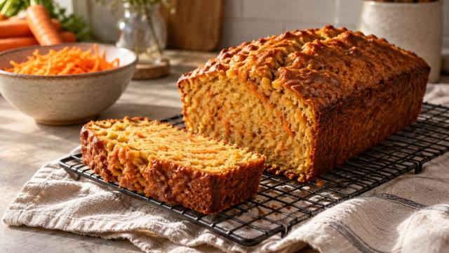 Cake aux carottes moelleux, tranché sur une grille avec des carottes râpées