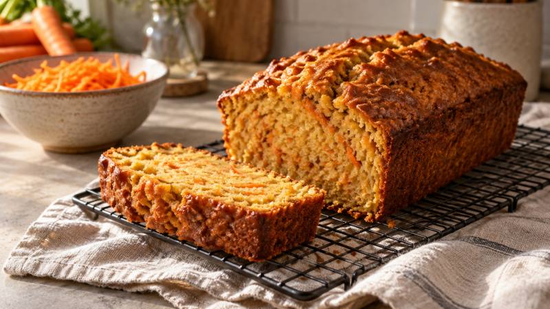 Cake aux carottes moelleux, tranché sur une grille avec des carottes râpées