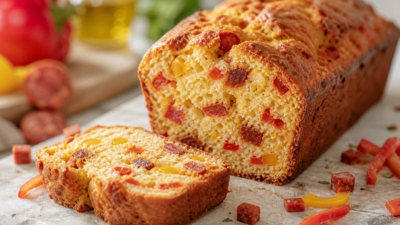 Cake salé moelleux au chorizo et aux poivrons coupé en tranches