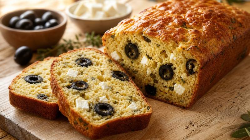 Cake salé à la feta et aux olives, coupé en tranches sur une planche en bois