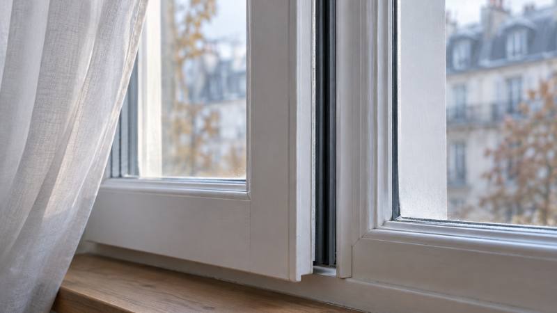 Fenêtre blanche entrouverte avec joint d’étanchéité visible sur le dormant