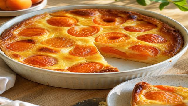 Clafoutis aux abricots doré dans un plat en céramique