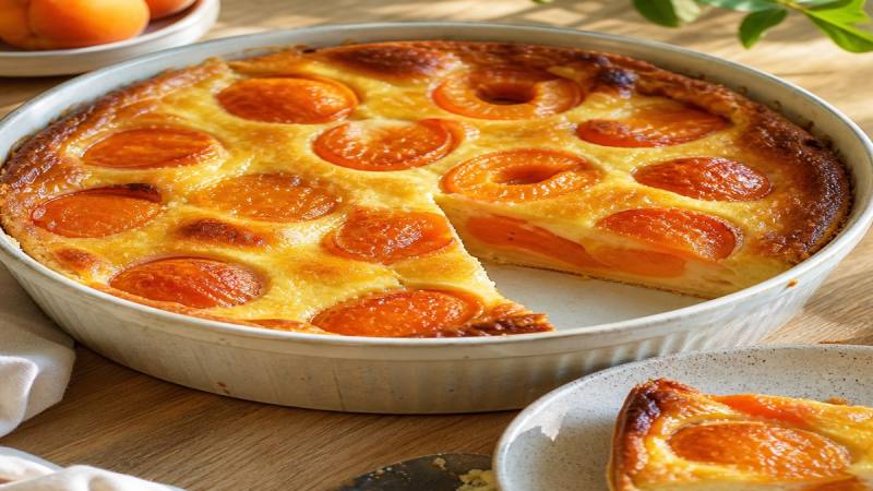 Clafoutis aux abricots doré dans un plat en céramique
