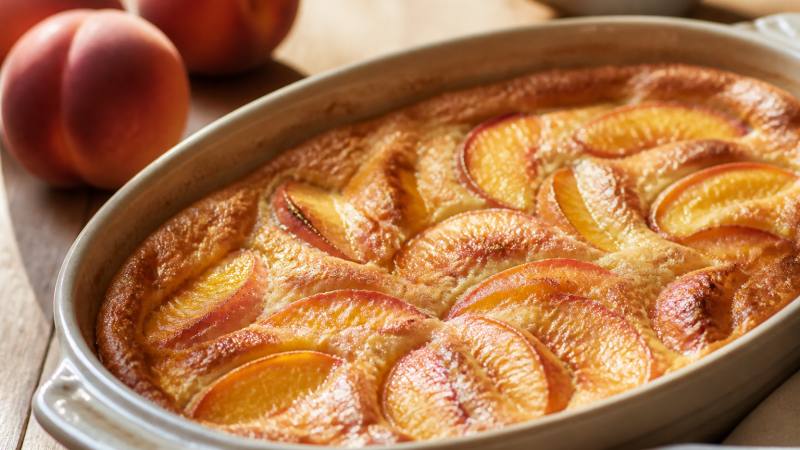 Clafoutis aux pêches doré dans un plat en céramique