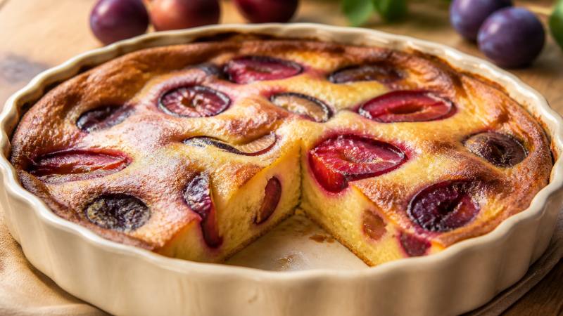 Clafoutis aux prunes doré et moelleux dans un plat en céramique