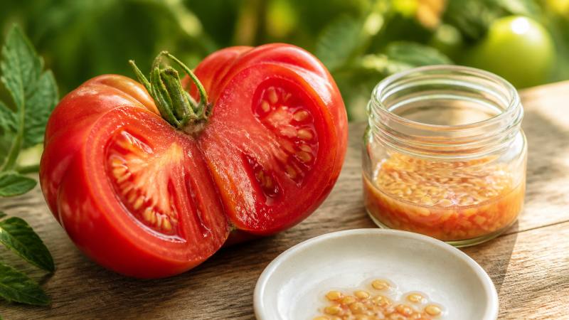 Tomate mûre ouverte, graines dans leur pulpe et bocal de fermentation sur une table de jardin