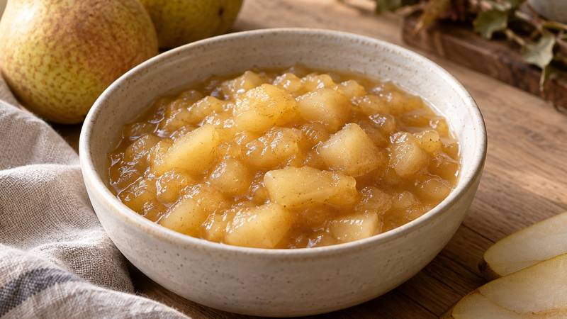 Bol de compote de poires avec morceaux de fruit visibles