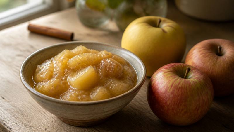 Bol de compote de pommes maison avec des pommes fraîches sur une table en bois