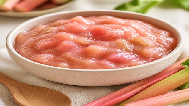 Compote de rhubarbe maison dans un bol avec tiges de rhubarbe fraîches