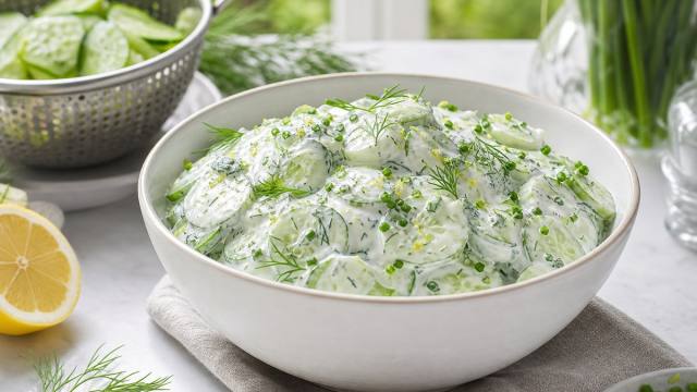 Bol de concombre à la crème avec aneth ciboulette citron et concombres égouttés