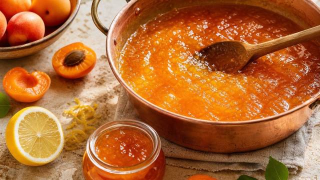 Confiture d’abricots dans une bassine en cuivre avec un citron frais