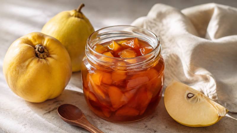 Bocal de confiture de coing ambrée avec des morceaux visibles, entouré de coings frais