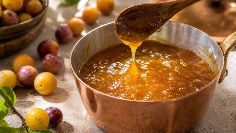 Confiture de mirabelles en cuisson dans une casserole avec des fruits frais