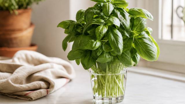 Bouquet de basilic frais conservé dans un verre d’eau sur un plan de travail