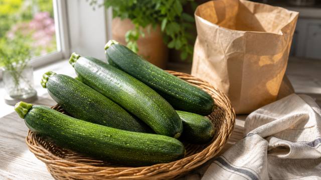 Courgettes fraîches dans un panier, prêtes à être conservées