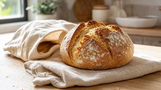 Miche de pain frais posée sur un torchon avec un sac à pain en tissu