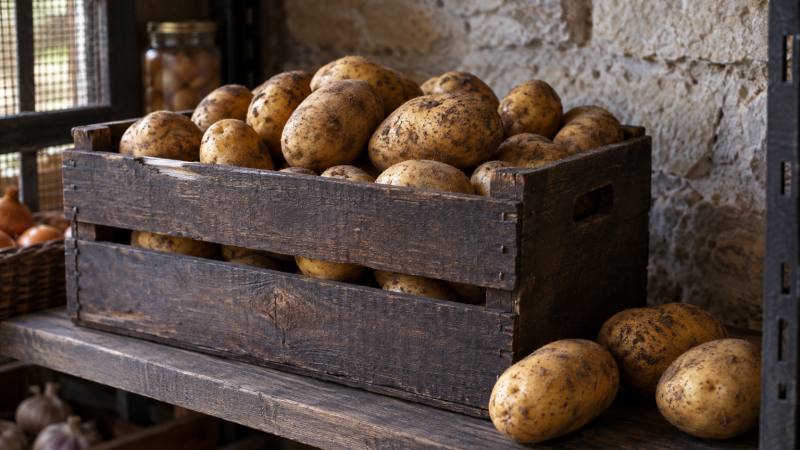 Pommes de terre rangées dans une cagette en bois, dans un endroit sombre et ventilé