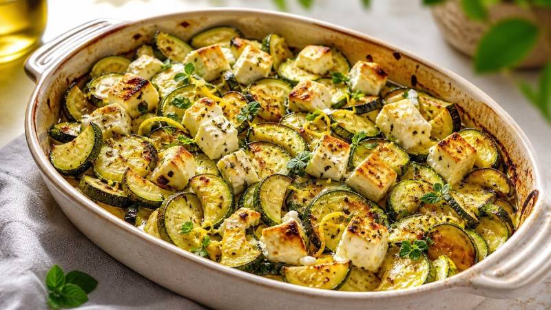 Plat de courgettes et feta dorées au four avec herbes fraîches