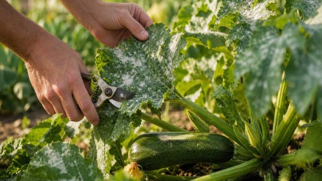 Feuilles de courgette touchées par l’oïdium avec une courgette encore saine au potager