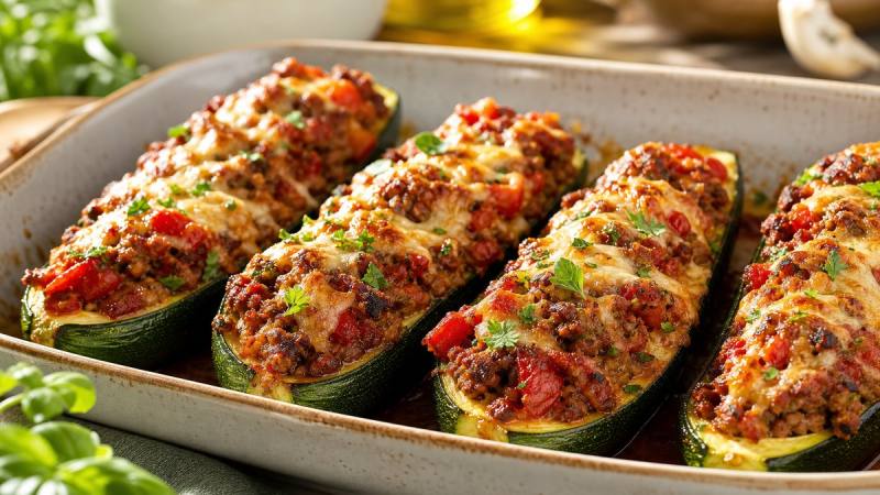 Courgettes farcies à la viande hachée dorées dans un plat au four