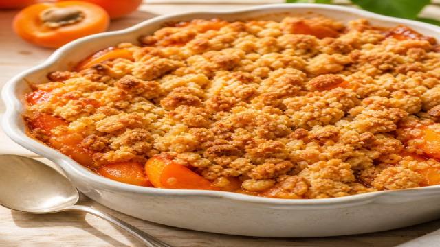 Crumble aux abricots doré dans un plat en céramique