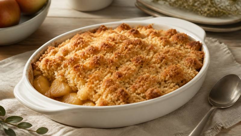Crumble aux pommes doré dans un plat blanc