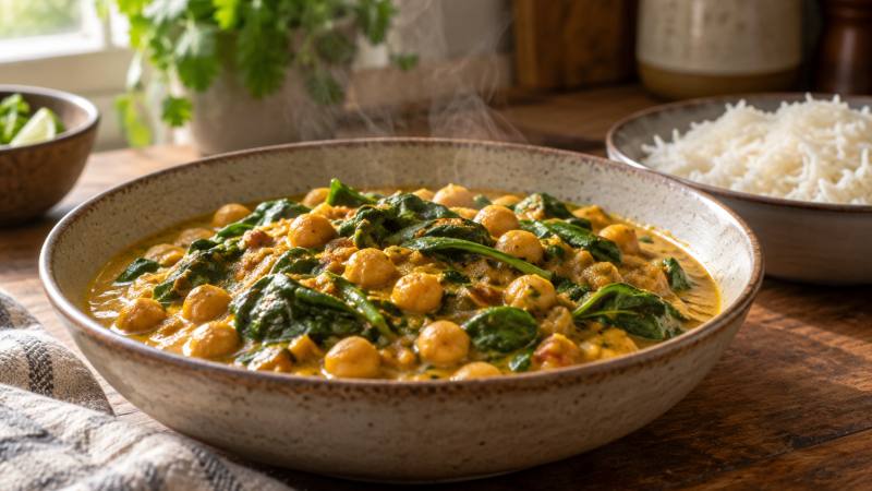 Bol de curry de pois chiches crémeux aux épinards ajoutés en fin de cuisson, sauce dorée, avec du riz discret et une lumière naturelle