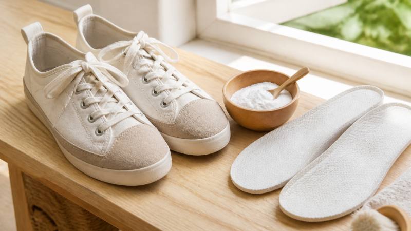 Baskets ouvertes, semelles retirées et bicarbonate de soude pour désodoriser les chaussures