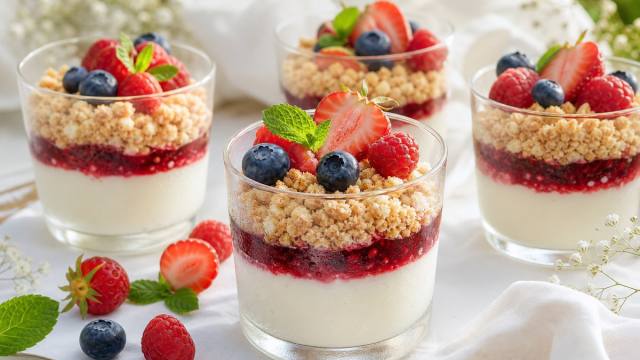 Verrines de dessert d’été frais aux fruits rouges, crème légère et biscuit croquant