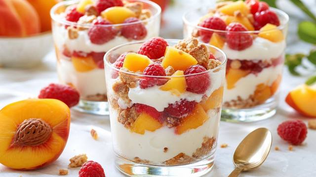 Verrines fraîches aux pêches, framboises, crème au yaourt et biscuits émiettés
