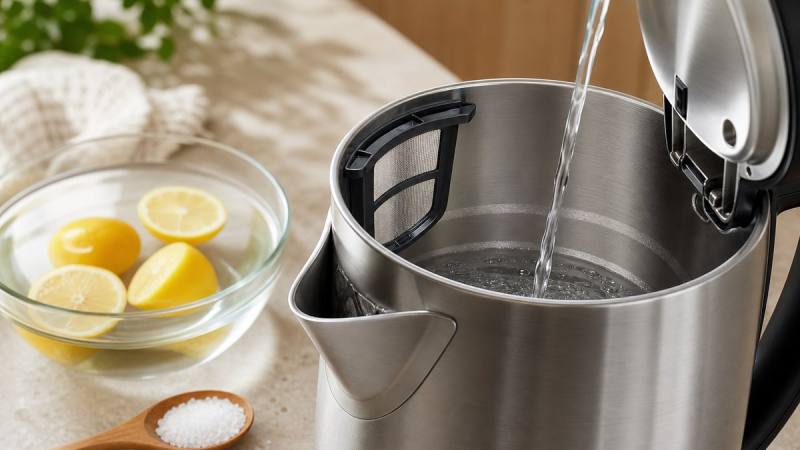 Bouilloire électrique ouverte rincée à l’eau, avec citron et cristaux d’acide citrique