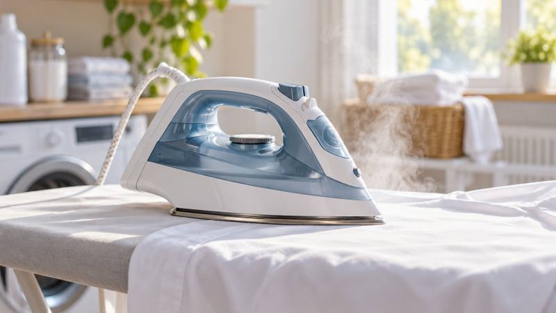 Fer à vapeur propre au-dessus d’un linge blanc sur une planche à repasser